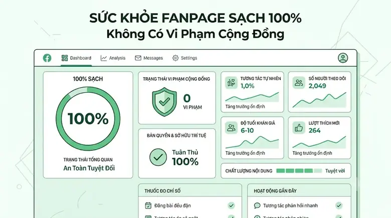Bảng kiểm tra chỉ số sức khỏe Fanpage sạch không dính gậy vi phạm tiêu chuẩn