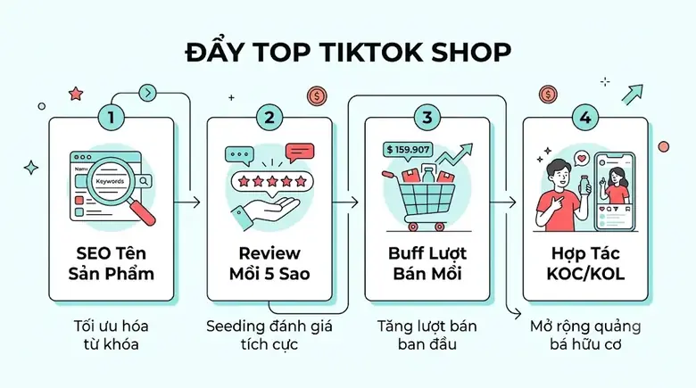 Quy trình 4 bước đẩy sản phẩm TikTok Shop lên top hiển thị tìm kiếm người dùng