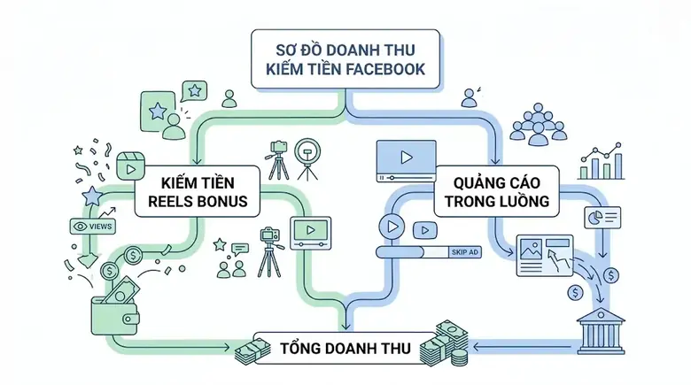 Sơ đồ các hình thức kiếm tiền Reels Bonus Sao Facebook và In-Stream Ads